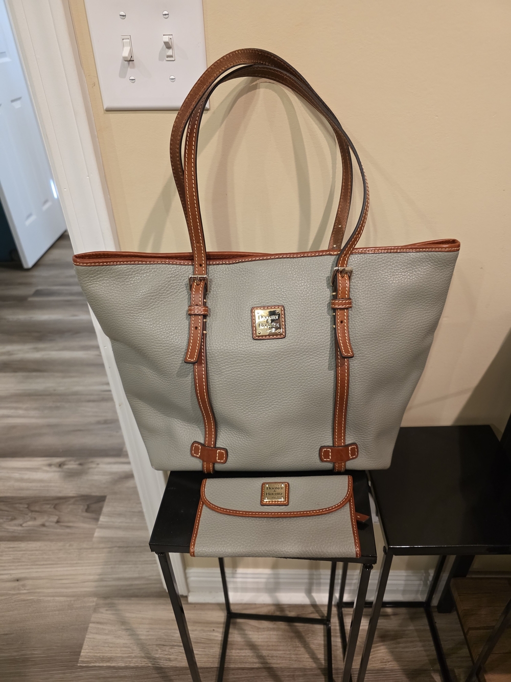 Dooney & Bourke Gray Pebble Leather Tote with Brown Trim